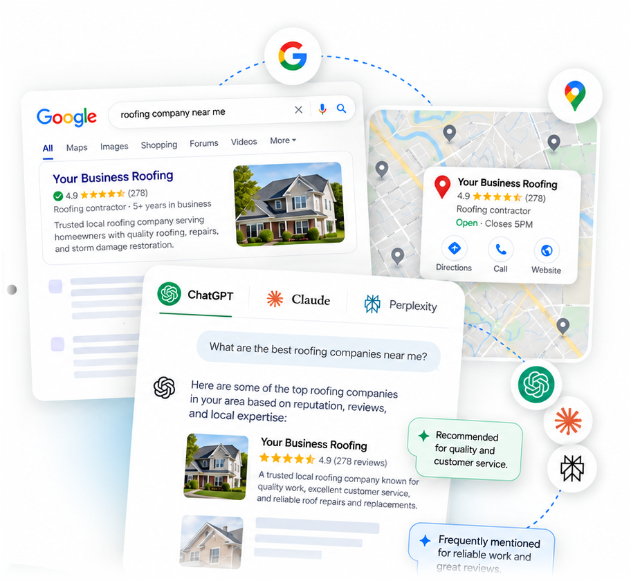 Illustration of a local business appearing in Google Search, Google Maps, and AI assistant recommendations