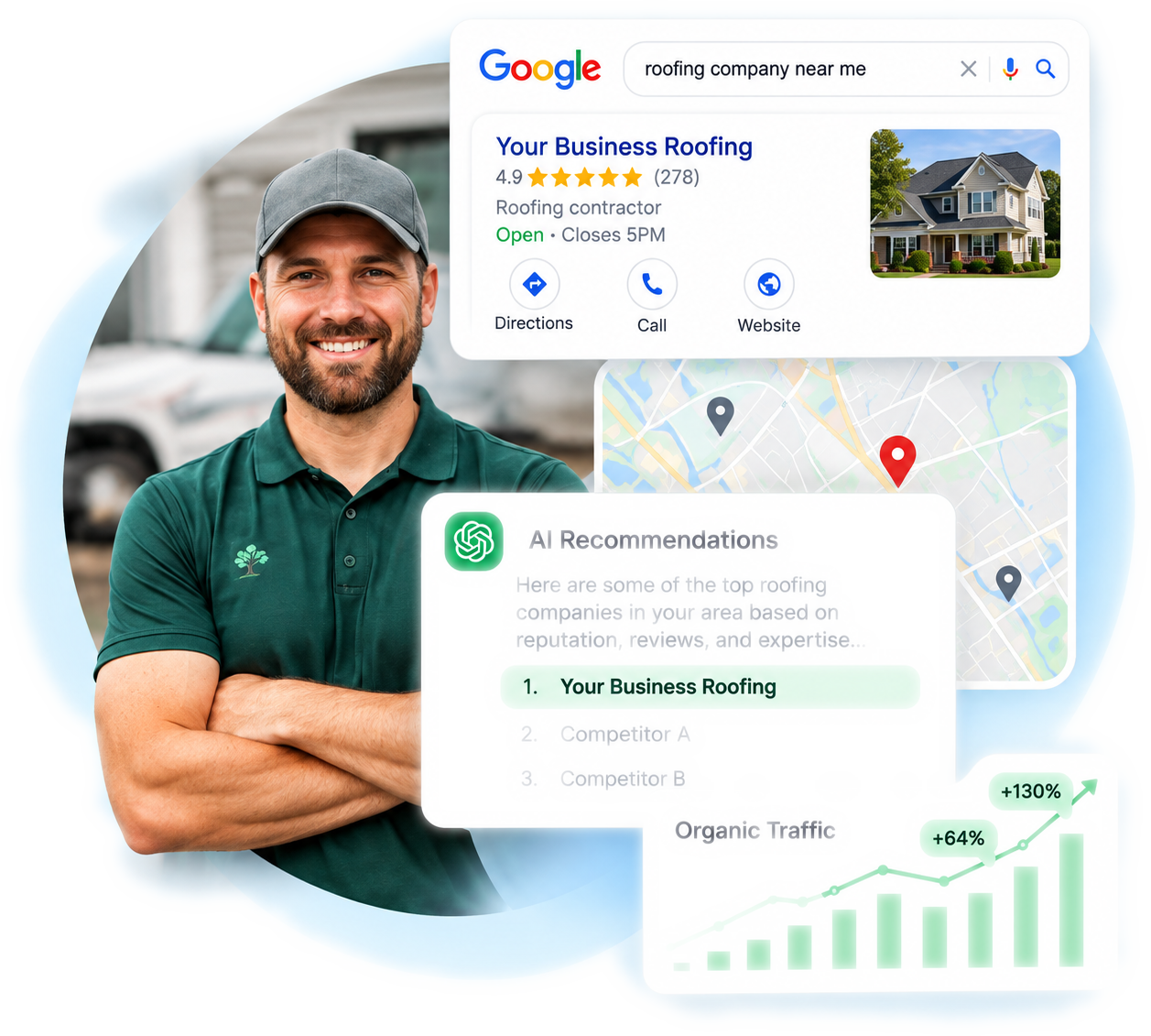 Illustration of a business appearing across Google, Maps, and AI search