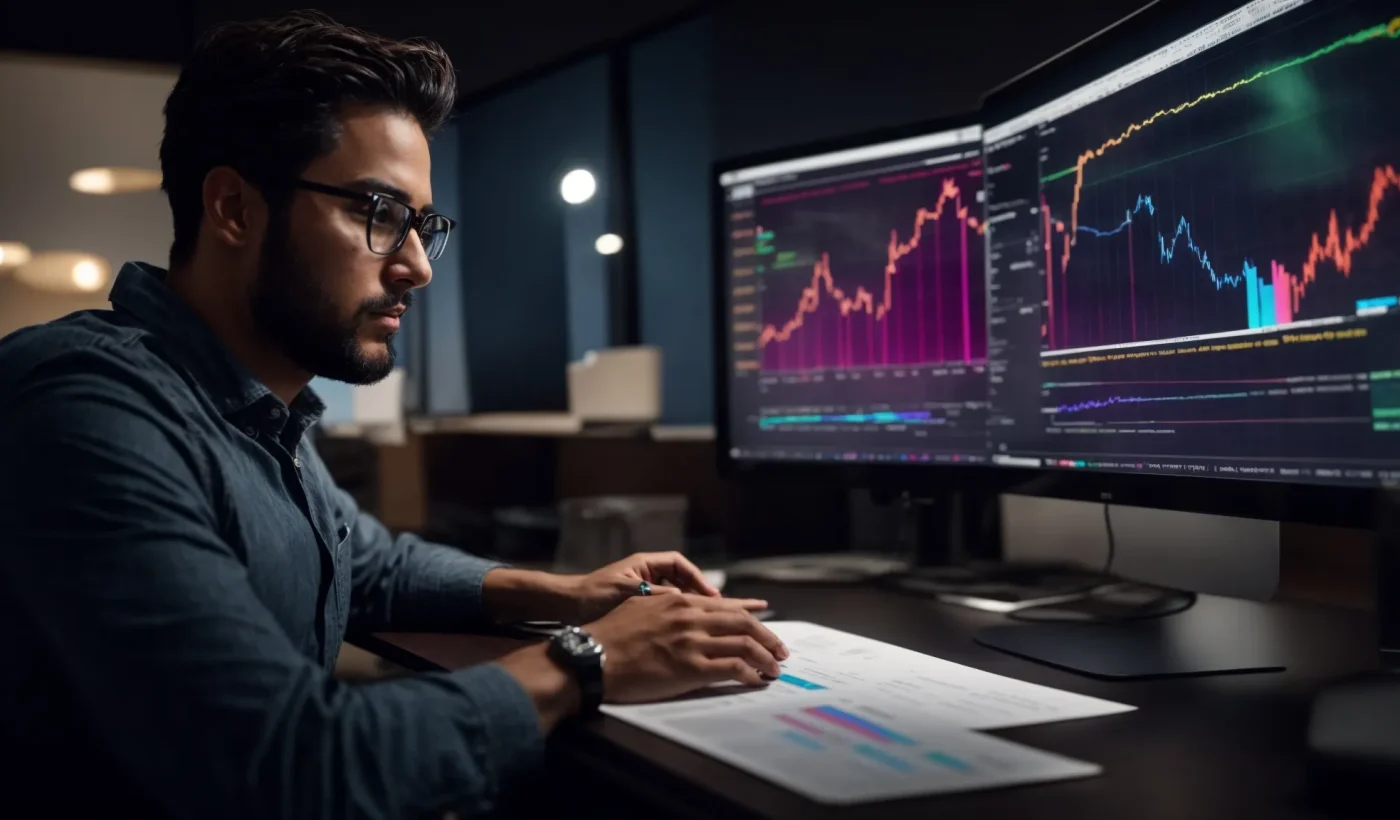 Professional analyzing colorful SEO performance graphs on dual monitors, focusing on data trends and analytics for digital marketing strategies.