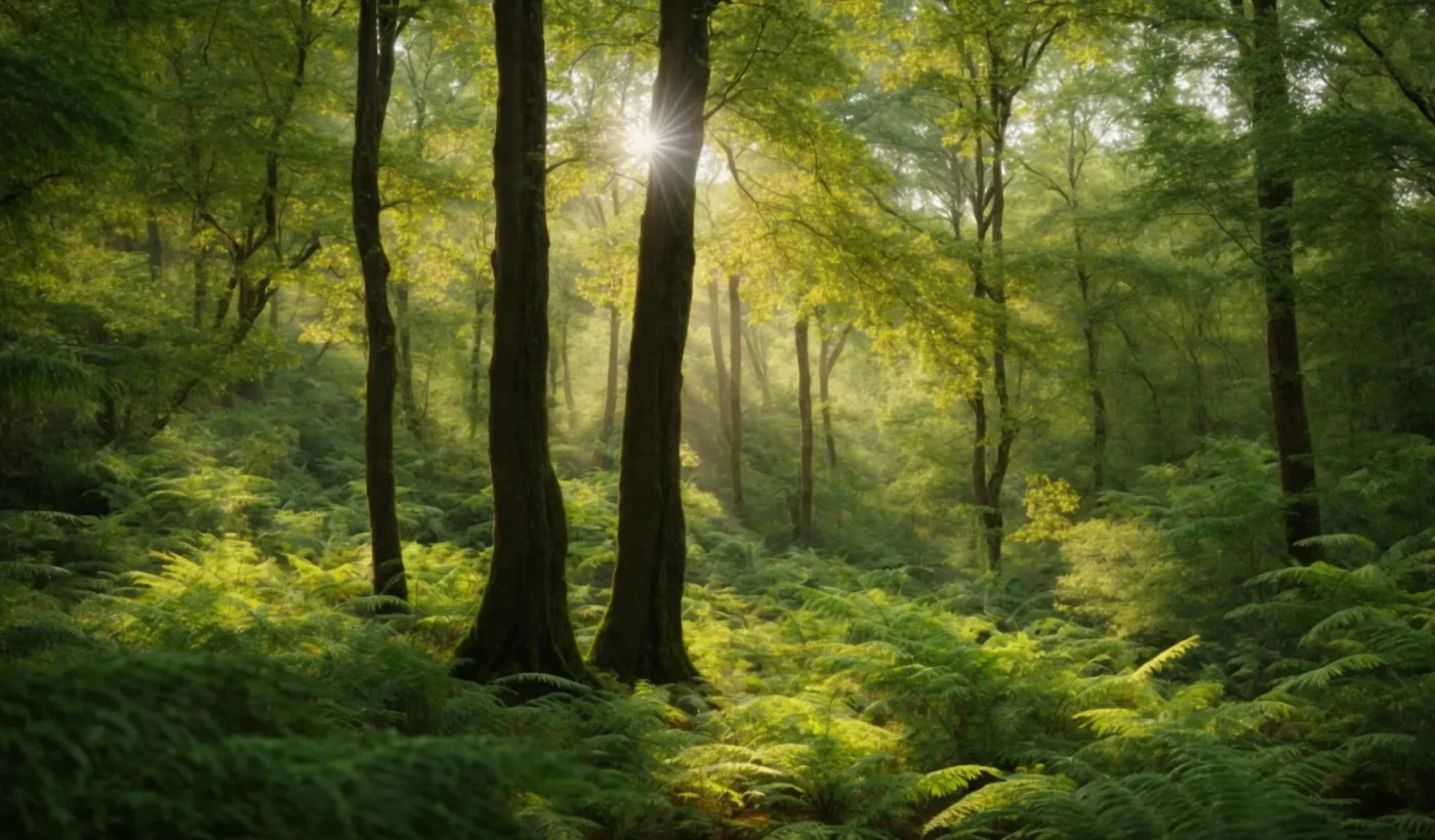 Lush, vibrant forest with diverse trees and ferns, sunlight filtering through foliage, symbolizing nature's beauty relevant to tree care marketing.
