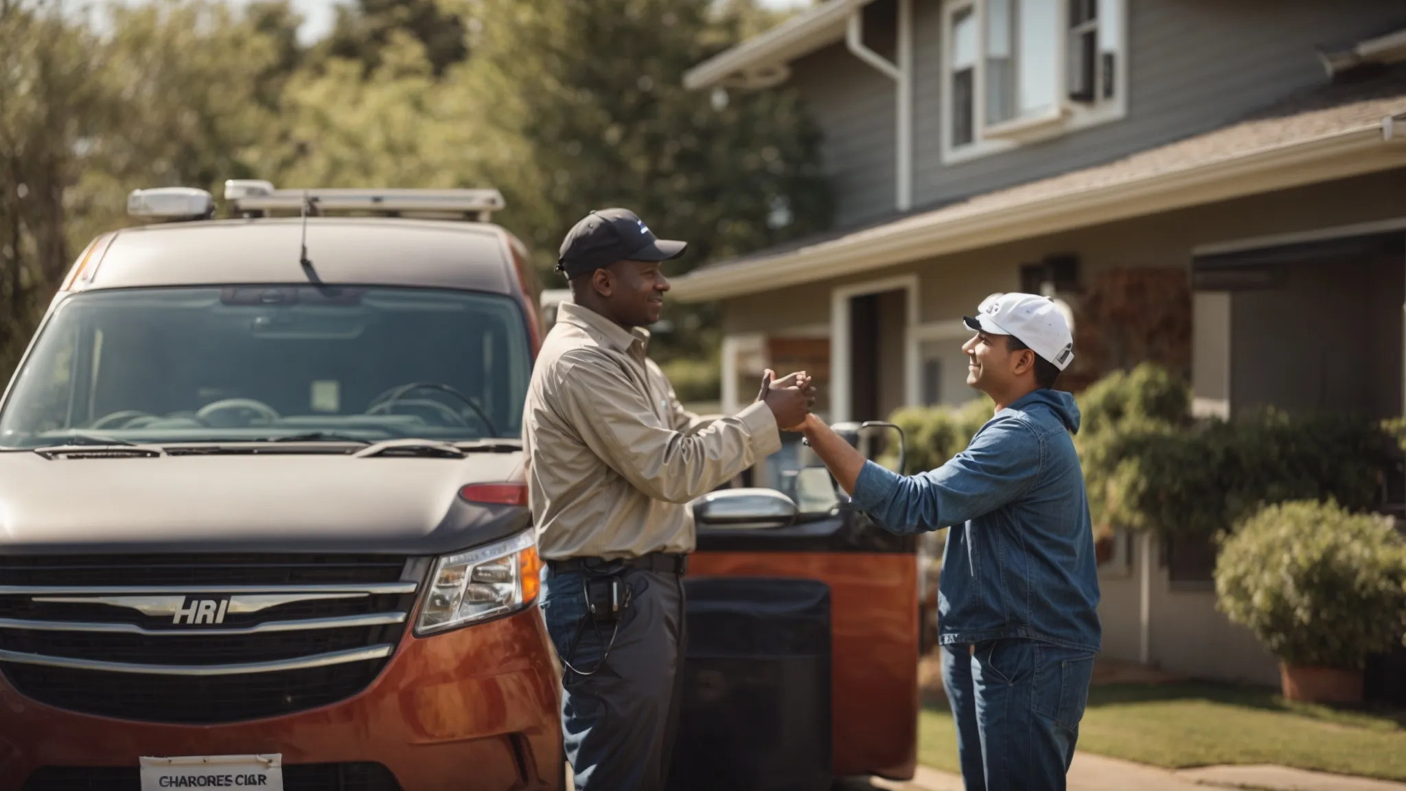 Pest control expert shaking hands with a satisfied customer outside a service vehicle, showcasing positive client interaction and service quality.