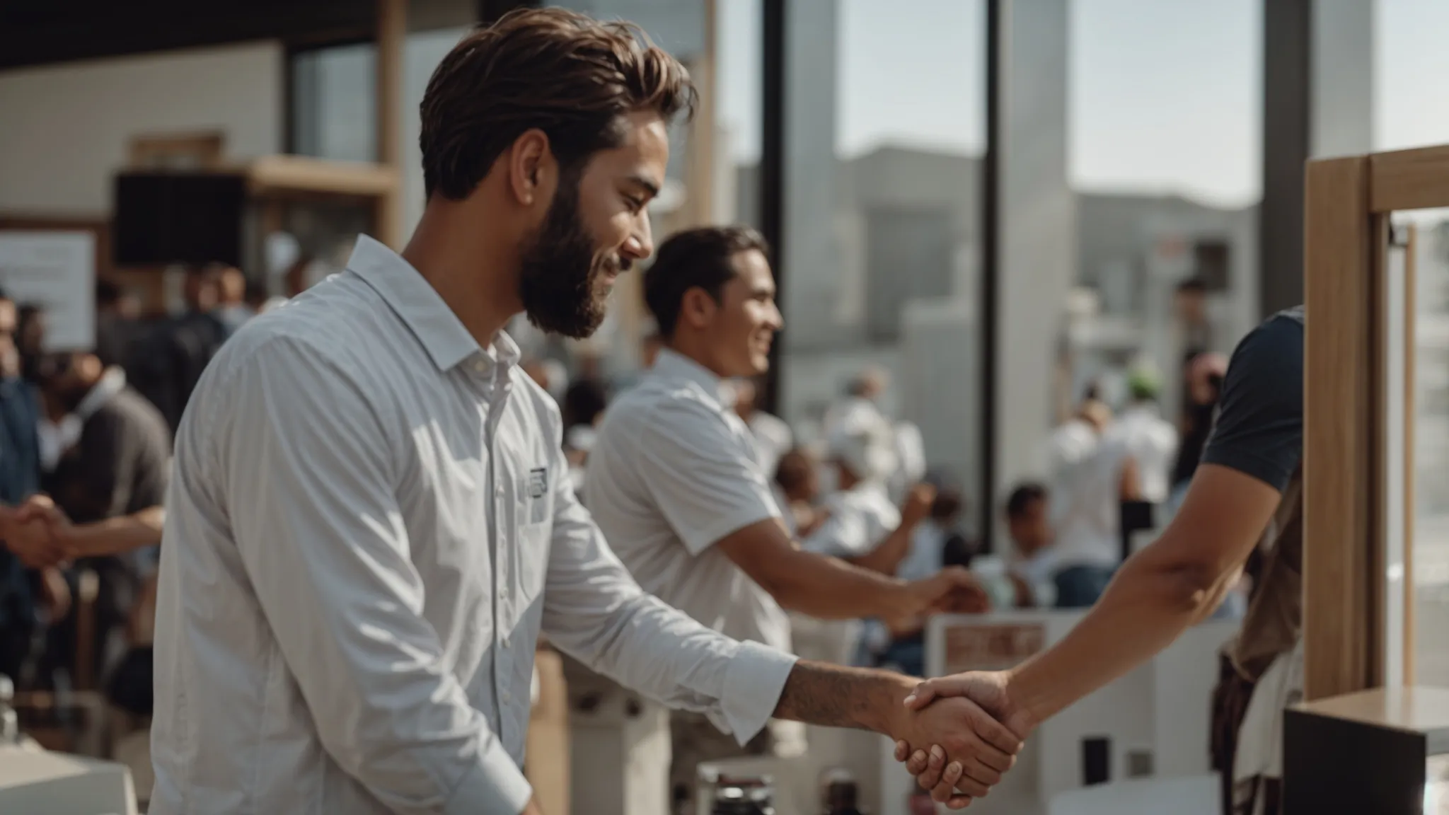 Local business owners engaging in networking at a community event, showcasing collaboration and outreach efforts to enhance local visibility and customer engagement.