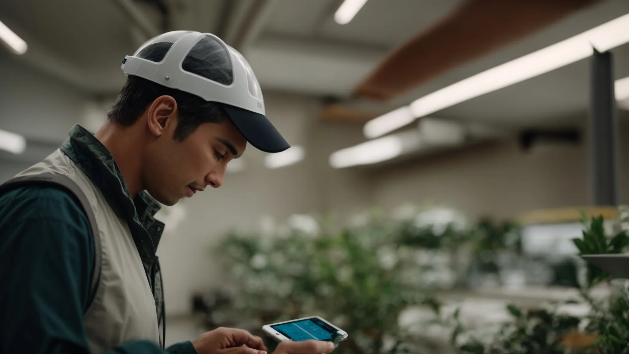 Professional pest control specialist using smartphone in a plant-filled environment, reflecting local service engagement and digital marketing strategies.