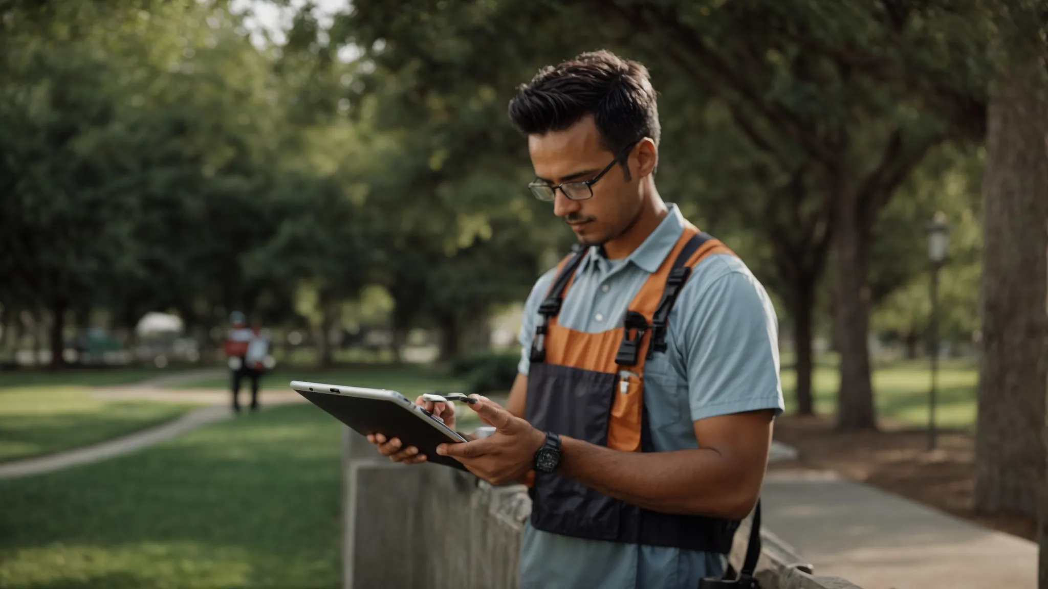 Pest control technician using a tablet outdoors, researching local SEO strategies for enhancing service visibility and community engagement.