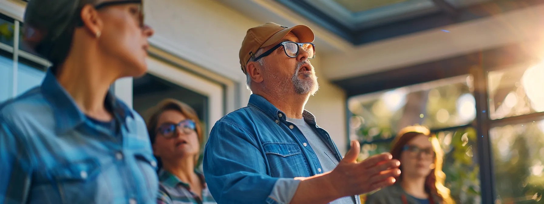 Group of individuals engaged in a discussion, with a focus on a man in a cap and glasses, emphasizing teamwork and communication relevant to home inspection marketing strategies.