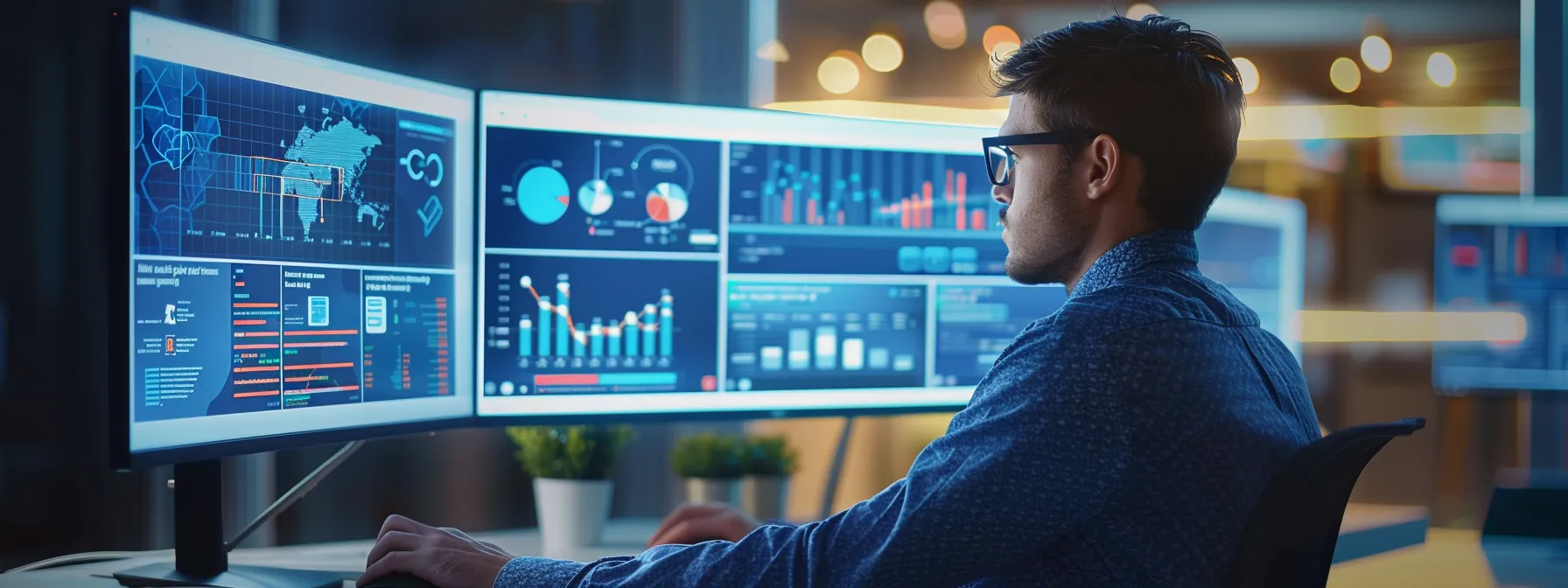 Person analyzing data on multiple monitors displaying charts and graphs, emphasizing digital marketing strategies for home inspection services and campaign performance analysis.