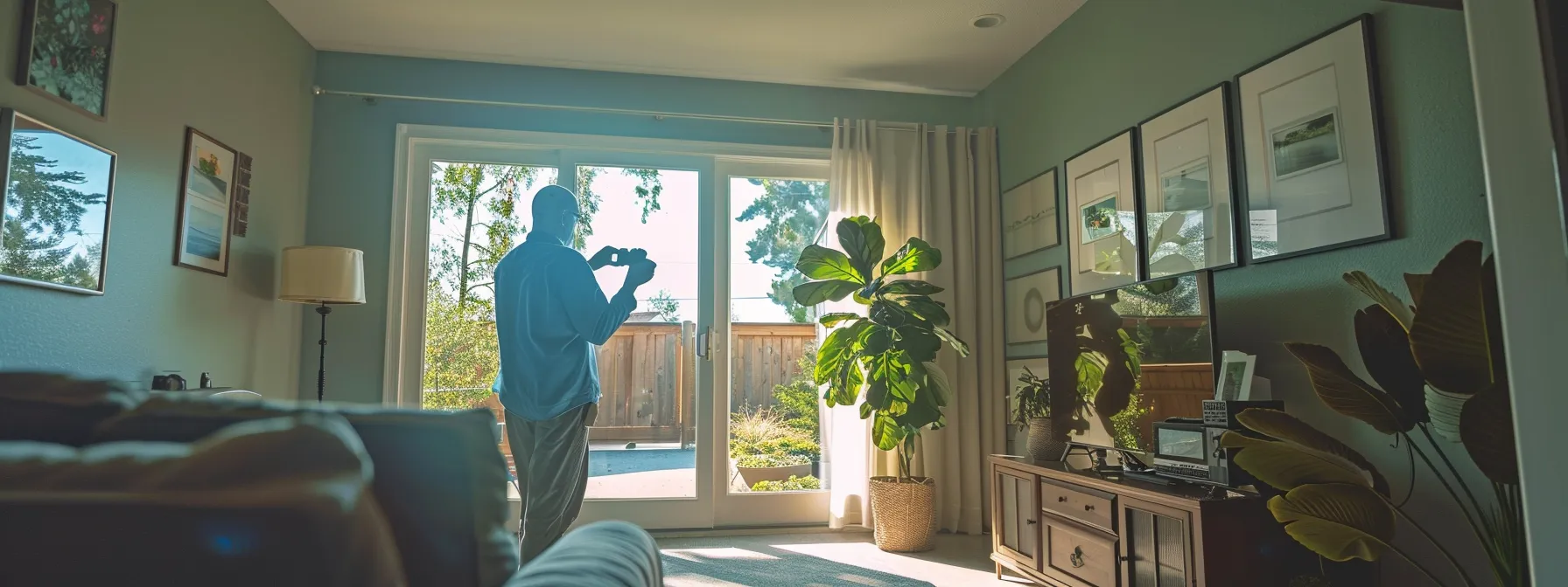 Home inspector taking photos in a well-lit living room with a view of the outdoors, showcasing professional branding and visual storytelling elements.