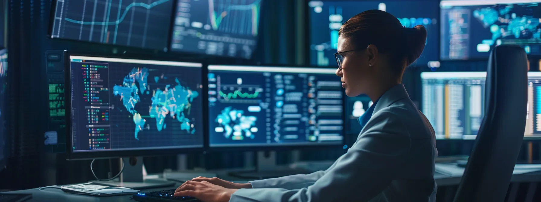 Professional woman analyzing data on multiple screens in a digital marketing environment, showcasing global statistics and performance metrics relevant to local SEO strategies for cleaning services.