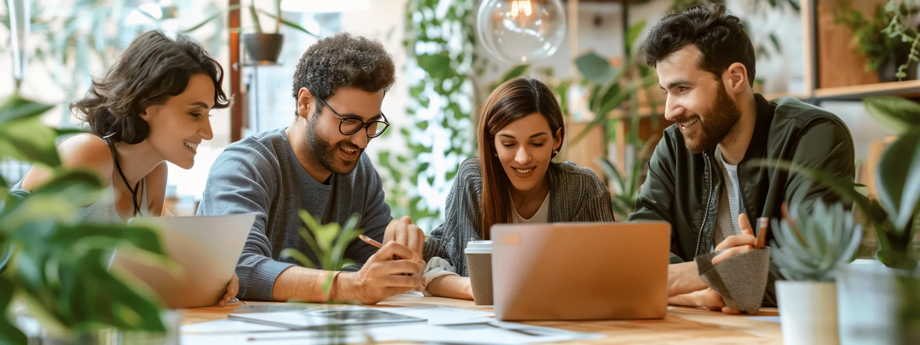 Group of four young professionals collaborating at a table with a laptop and documents, surrounded by plants, illustrating teamwork and engagement in digital marketing strategies for home inspection businesses.