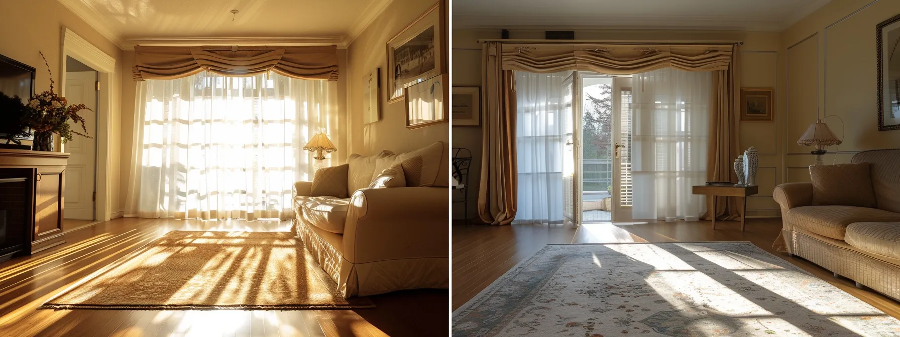Cozy living room with sunlight streaming through sheer curtains, highlighting a beige sofa and decorative elements, showcasing a warm and inviting atmosphere ideal for cleaning service marketing.