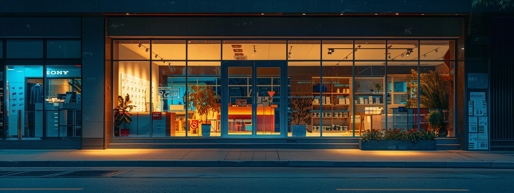 Modern storefront with illuminated displays showcasing products, featuring plants and signage, emphasizing local business visibility and appeal.