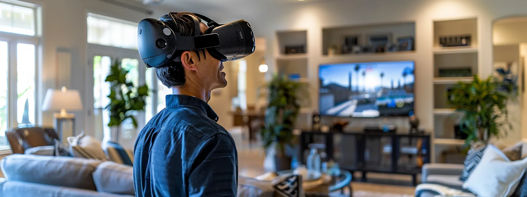 Man wearing virtual reality headset in a modern living room, engaging with immersive technology, showcasing digital content and enhancing client engagement for home inspection marketing.