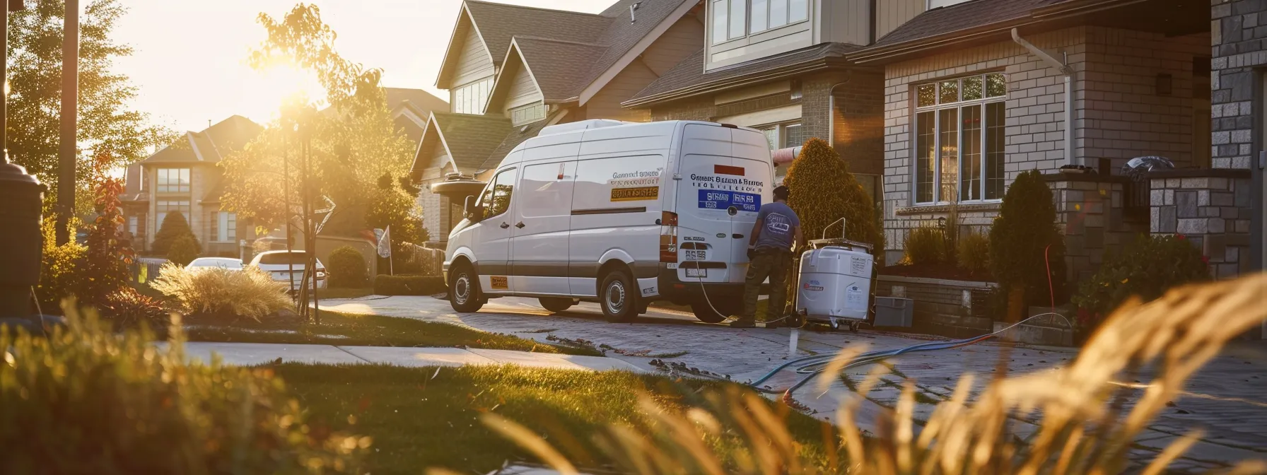 Cleaning service van parked in a residential area, technician preparing equipment for local cleaning services during sunset, emphasizing community-focused service and Google My Business optimization.