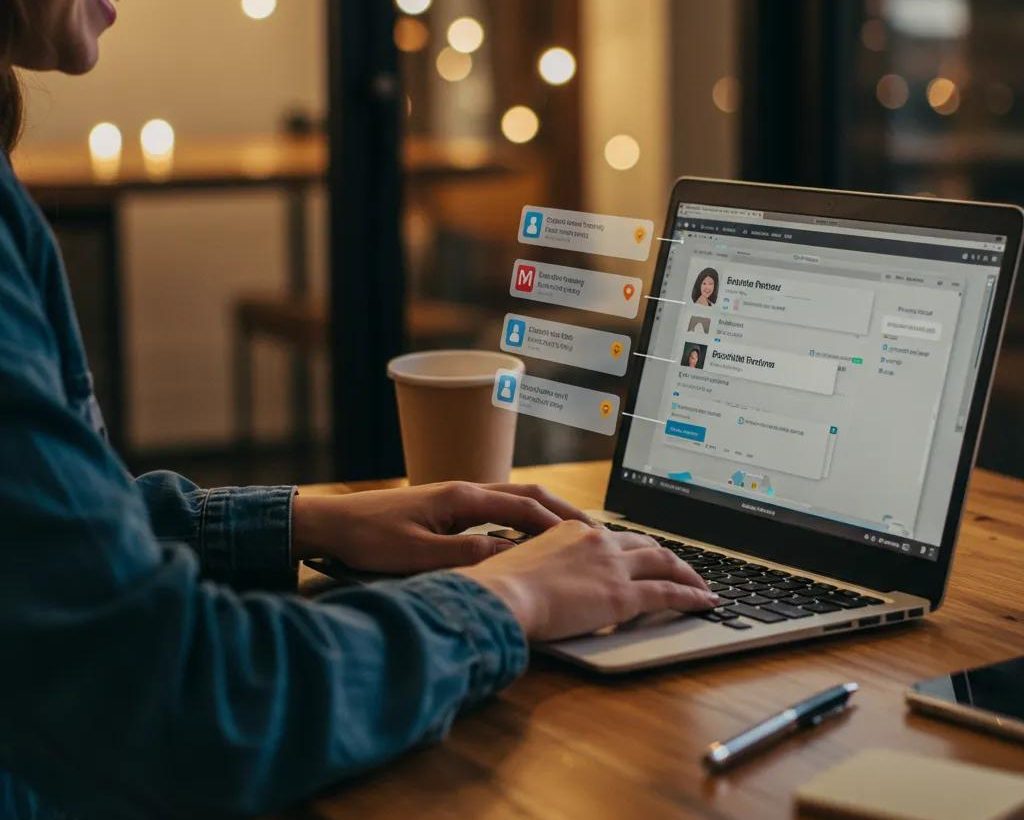 Person typing on a laptop in a cozy office setting, engaging with customer reviews and online feedback to enhance Google Business Profile and online reputation.