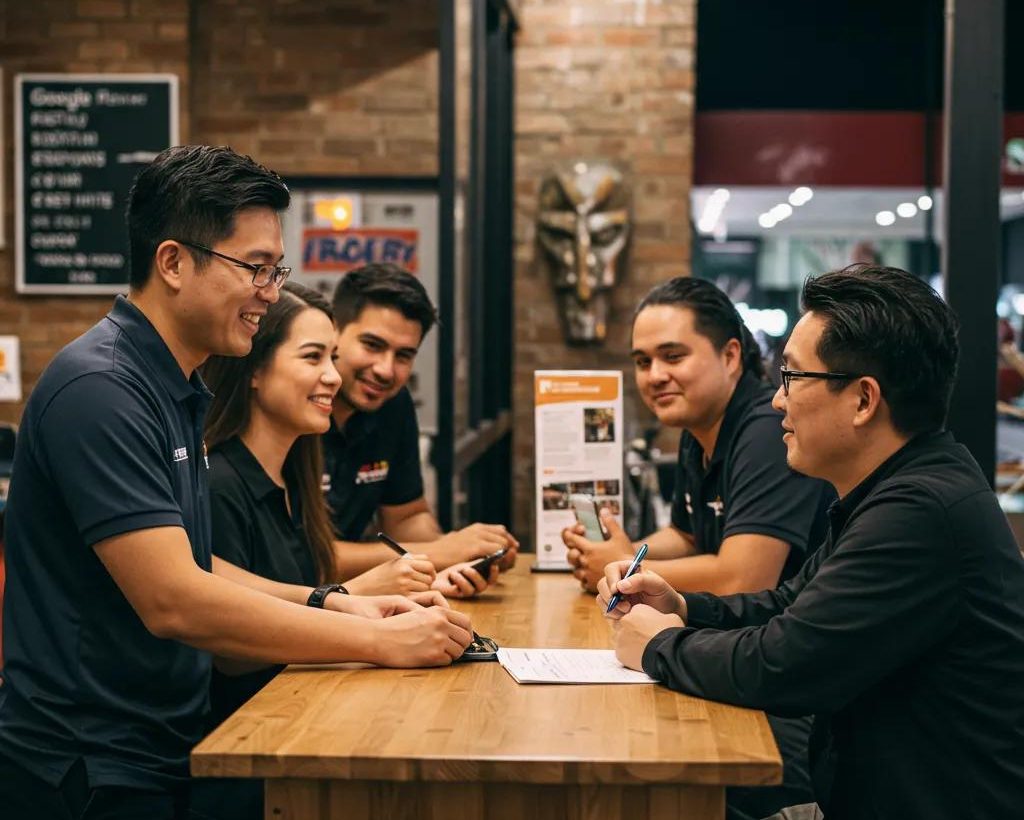 Team of business professionals engaging in discussion at a table, emphasizing customer interaction and strategies for boosting Google Business Profile reviews.
