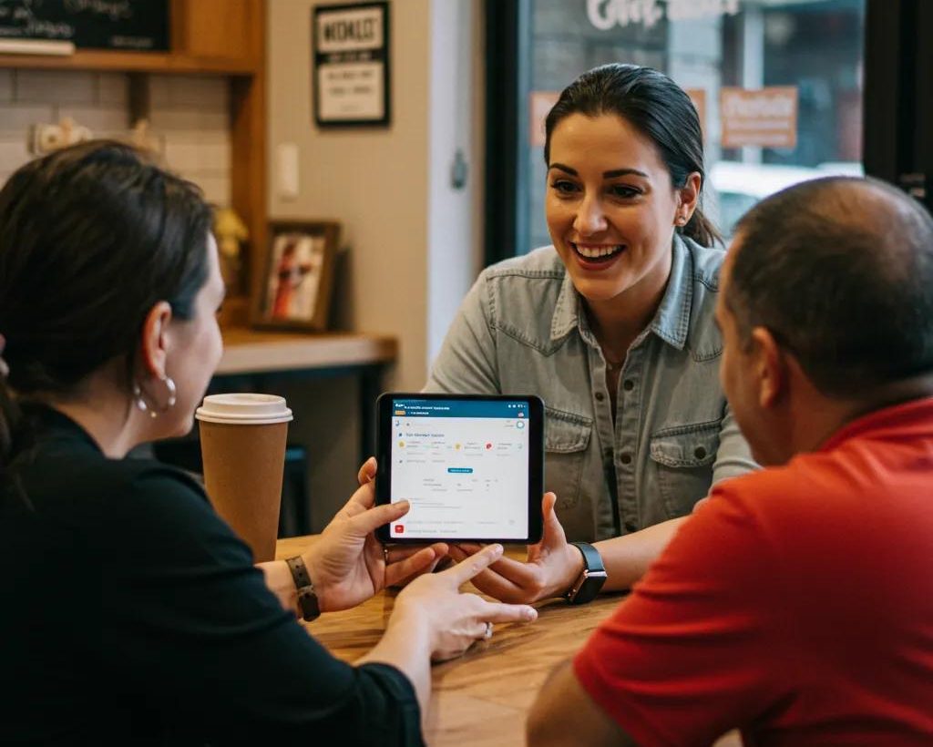 Business owner engaging with customers, showcasing positive Google reviews on a tablet in a casual setting.