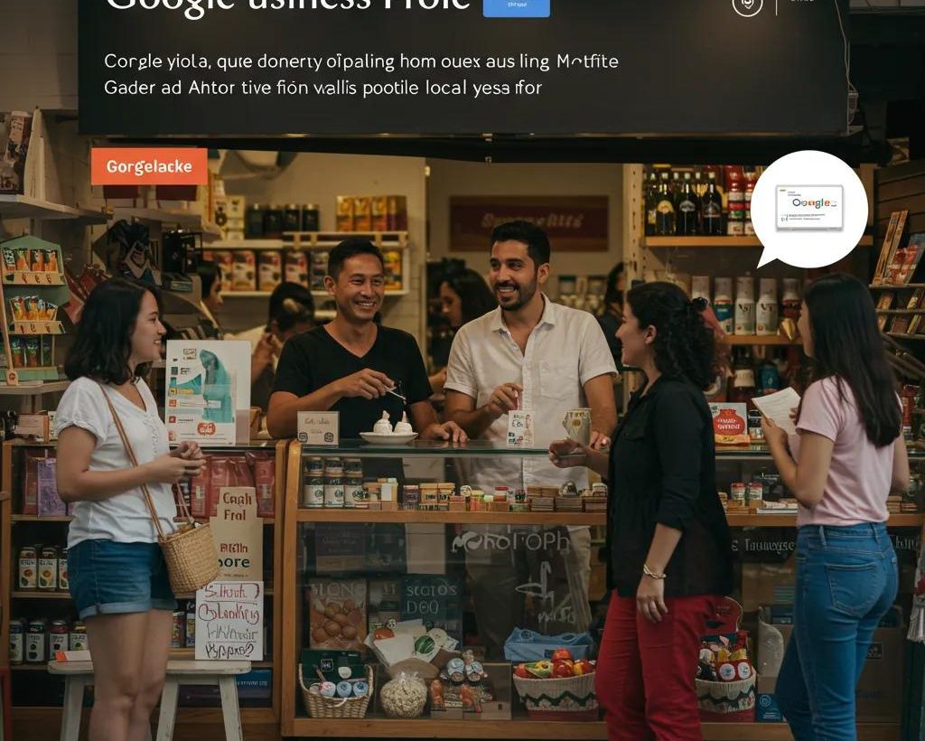 Small business owner engaging with customers at a vibrant storefront, highlighting Google Business Profile visibility and customer interaction.