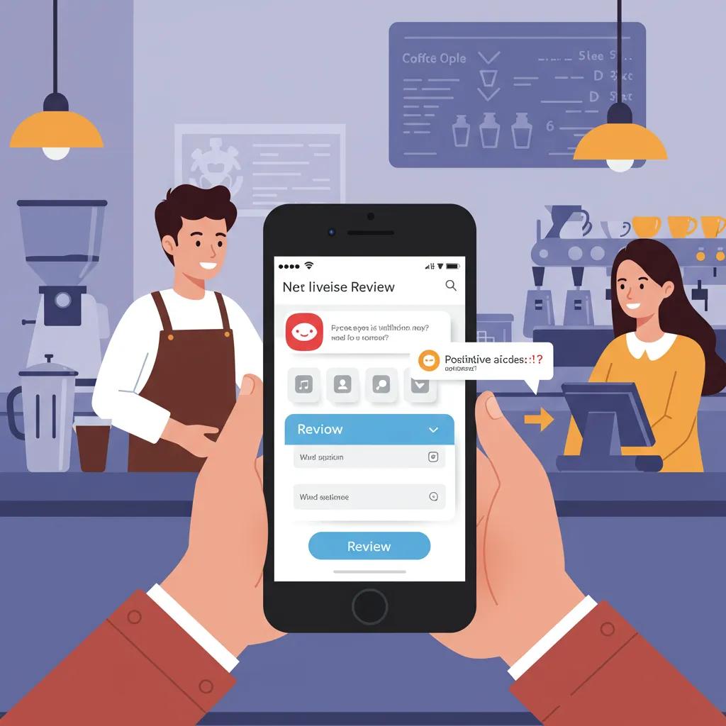Customer in a friendly cafe holding a smartphone displaying a review interface, engaging with a barista in the background.