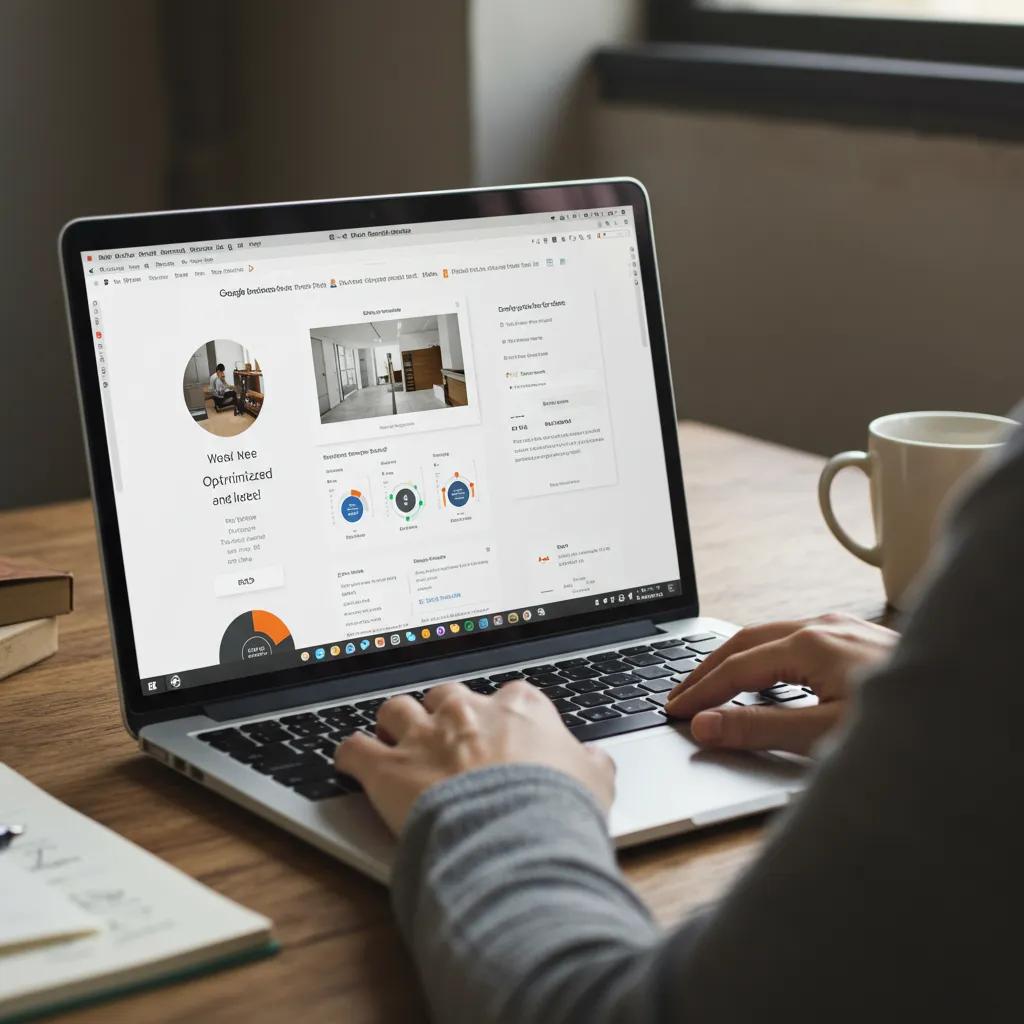 Laptop displaying an optimized Google Business Profile in a cozy office setting, with a person typing and a coffee cup nearby, illustrating local SEO strategies for enhancing Google Maps visibility.