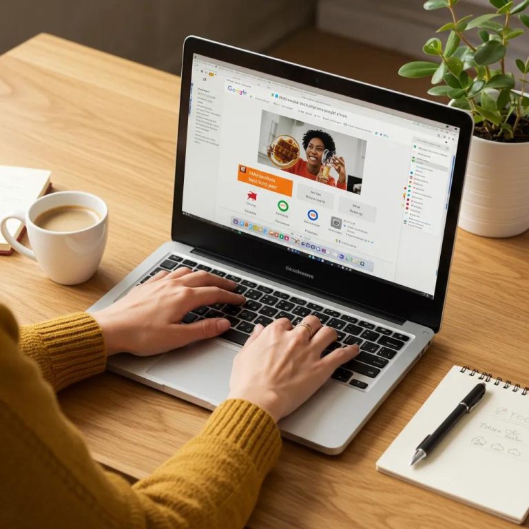 Person optimizing Google Business Profile on laptop in cozy office, emphasizing local SEO and online visibility for small businesses.