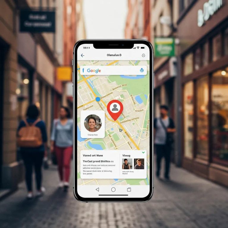 Smartphone displaying Google Maps with a highlighted local business profile in a busy street setting, emphasizing the importance of accurate Google Business information for local SEO and customer attraction.