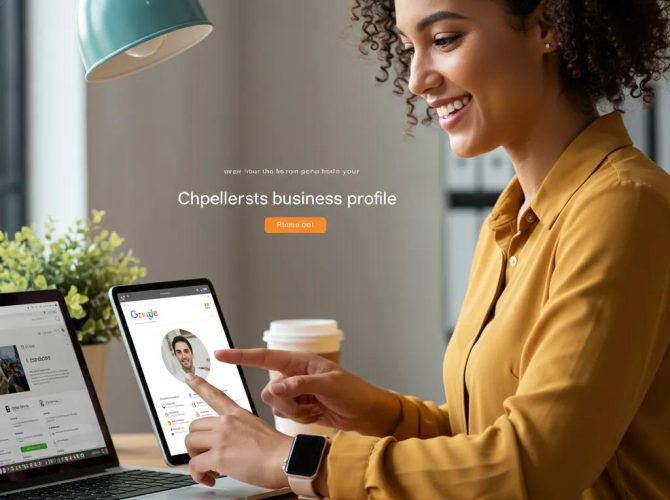 Business owner optimizing Google Business Profile on a laptop in a modern office