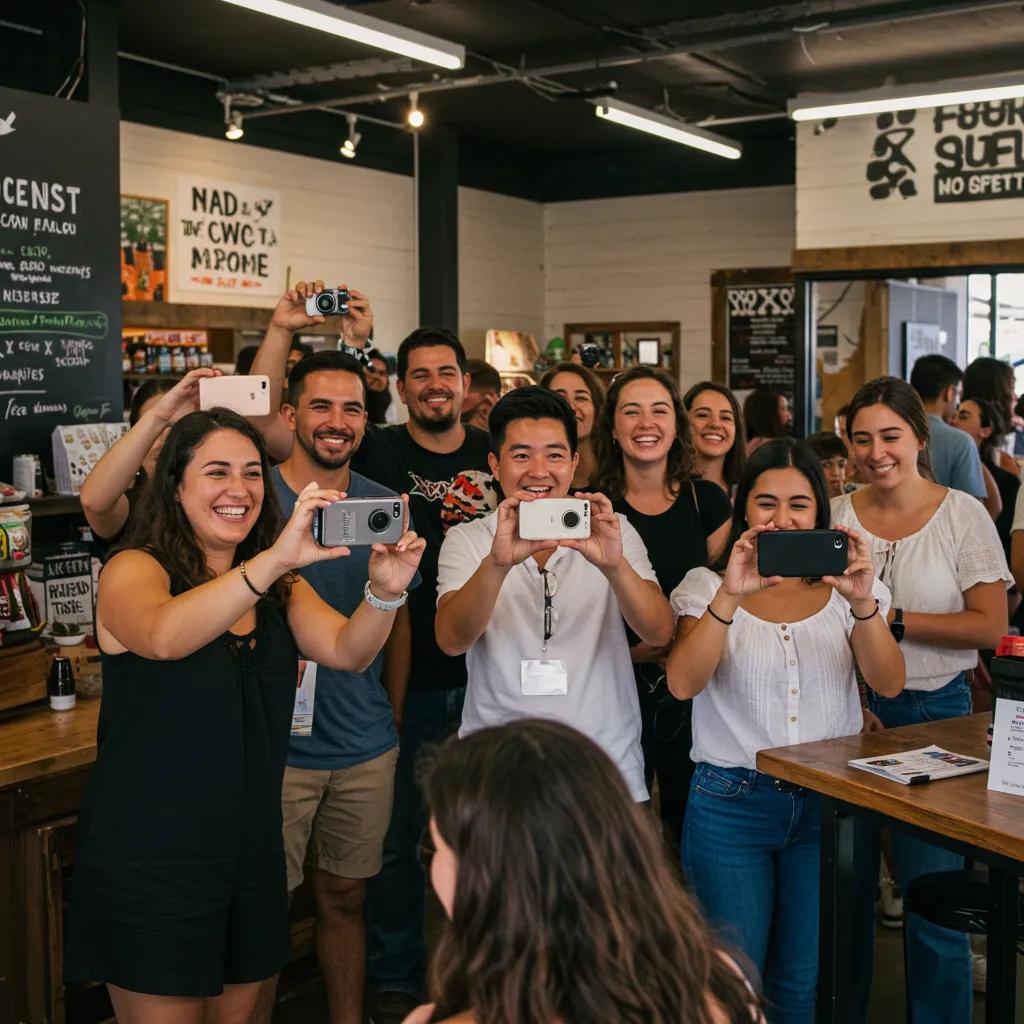 Customers taking photos at a local business, illustrating the value of user-generated content for enhancing Google Business Profile